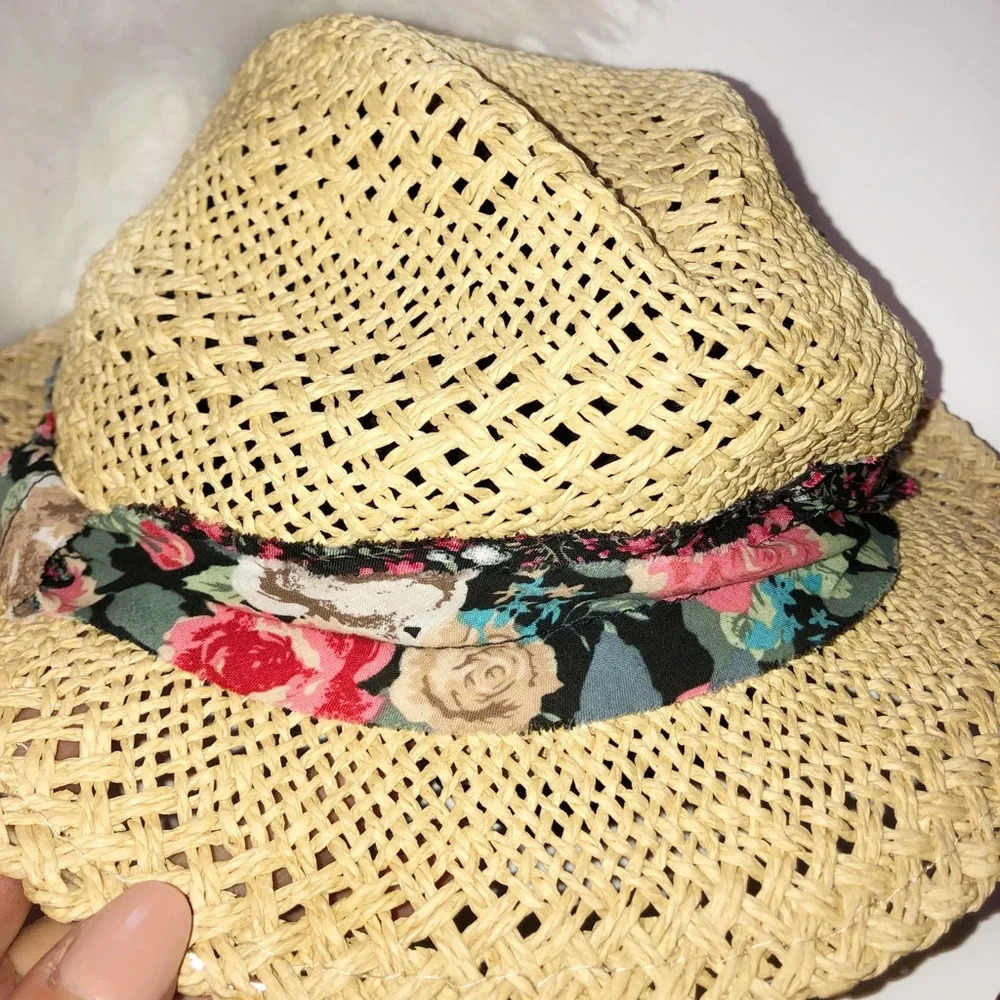 Floral straw fedora hat